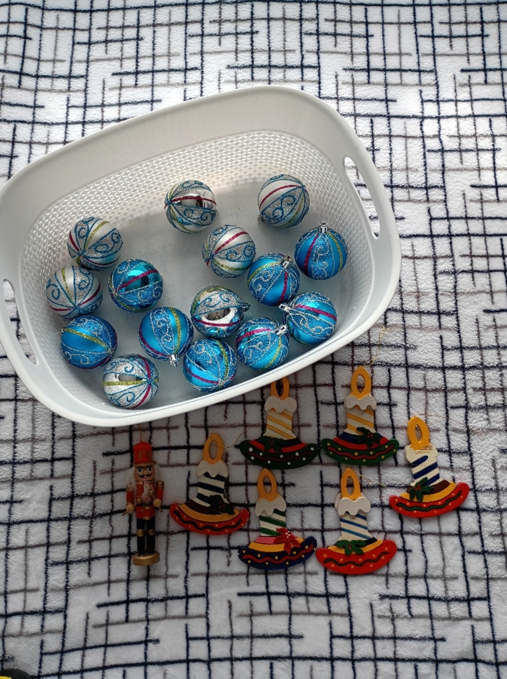 Set of Blue & Silver Decorative Christmas Ornaments Mixed with Vintage Ornaments
